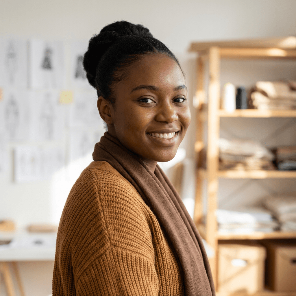 Aisha Campbell smiling softly in a cozy Wyoming living room
