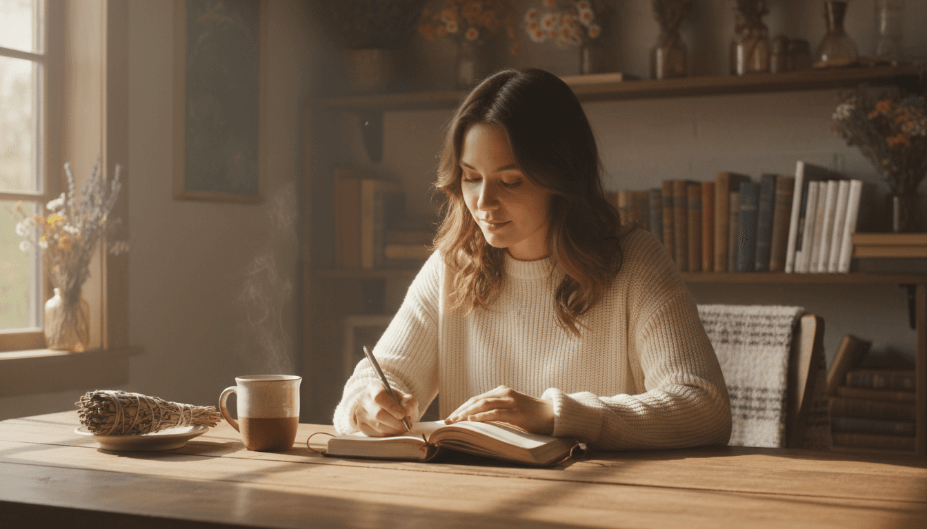 Open journal with handwritten notes beside a smudge stick and a hot cup of tea on a wooden table